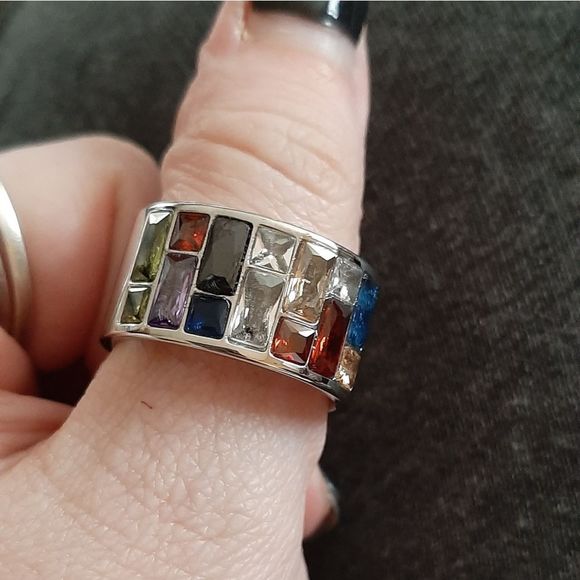 Silver solid titanium multi color Swarovski crystal boho ring sz 9 new - Picture 9 of 10